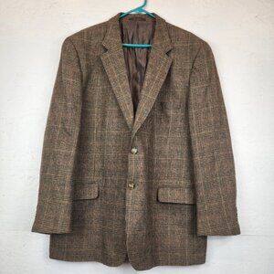 Tasso Elba Men’s Sport Coat Blazer Suit Jacket 100% Camel Hair Brown‎ Plaid 46L